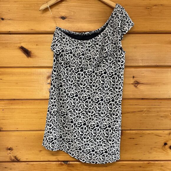 Bebop Lace One-Shoulder Blue & White Lined  Ruffle Mini Dress L - Picture 2 of 6